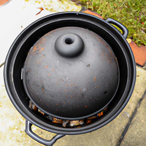 A Dutch oven placed on a bed of hot charcoal, ready for cooking the BBQ chicken.