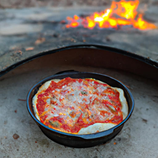 A Dutch oven pizza cooking over a campfire, surrounded by the warmth and beauty of nature.